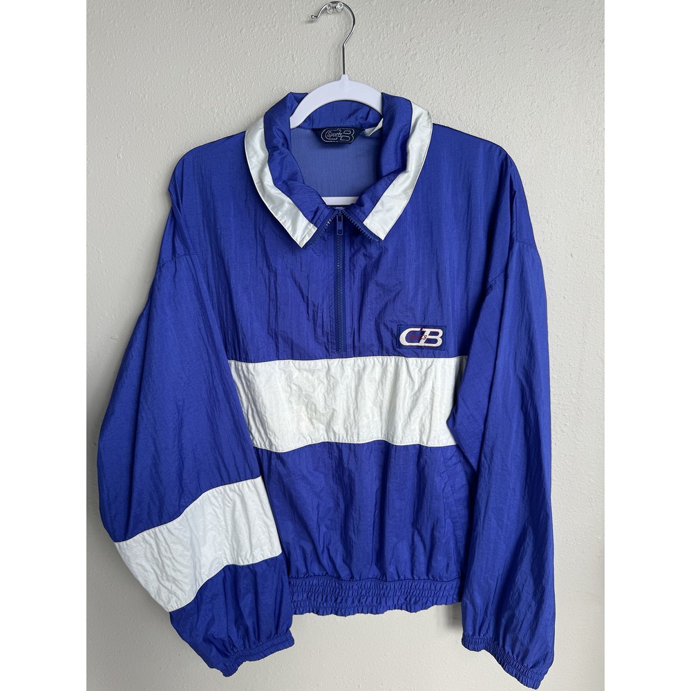 Vintage CB Sports Track Jacket Windbreaker Colorblock Blue White Zip Mens Large